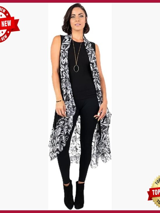 Sweaters - Printed Long Duster with Pockets, Sleeveless Open Front Cardigan